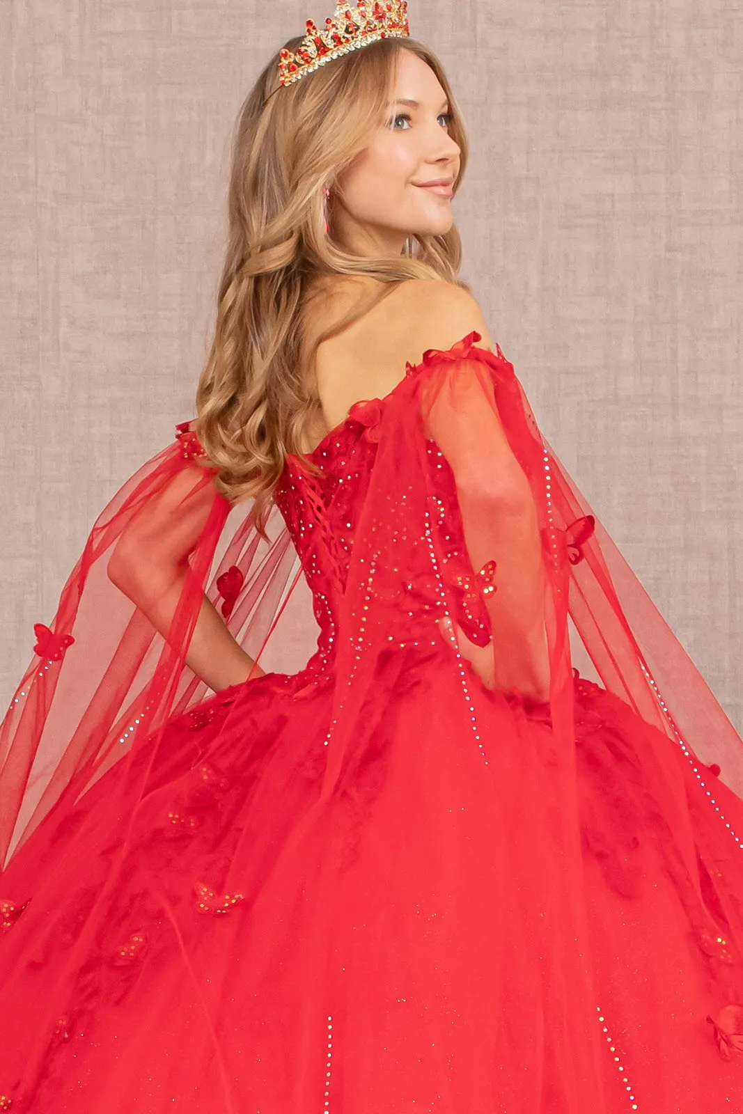 3D Butterfly Applique Glitter w/ Long Mesh Layer Quinceanera Dress GLGL3110