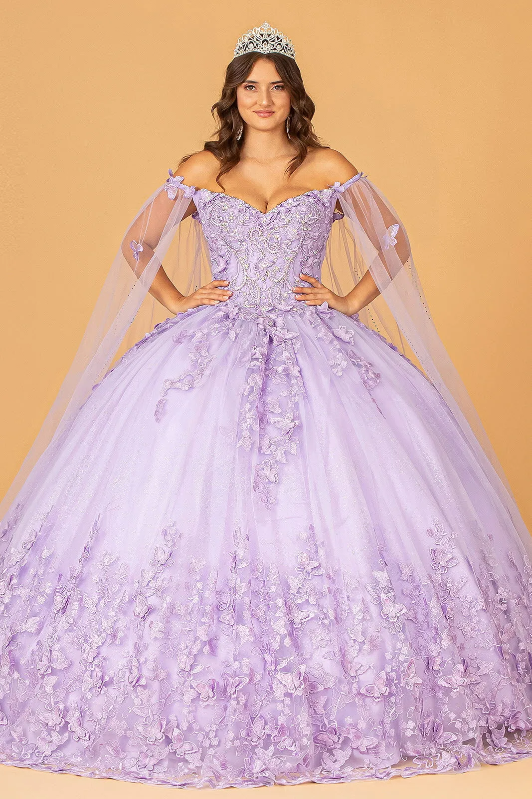 3D Butterfly Applique Glitter w/ Long Mesh Layer Quinceanera Dress GLGL3110