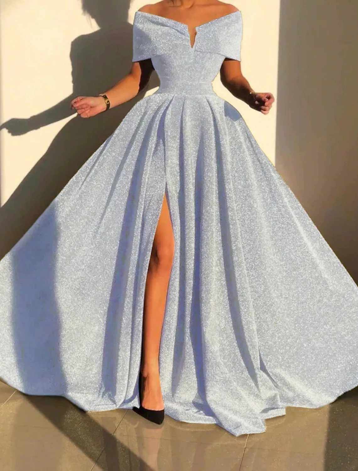 A-Line Evening Gown Sparkle & Shine Dress Formal Fall Court Train Sleeveless Off Shoulder Sequined with Sequin Slit