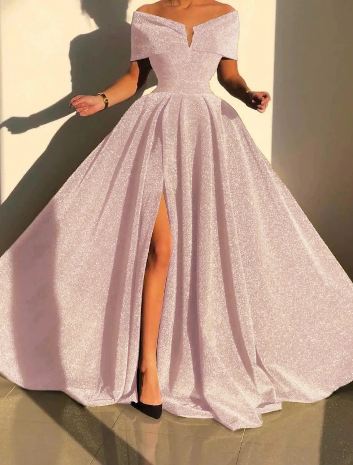 A-Line Evening Gown Sparkle & Shine Dress Formal Fall Court Train Sleeveless Off Shoulder Sequined with Sequin Slit