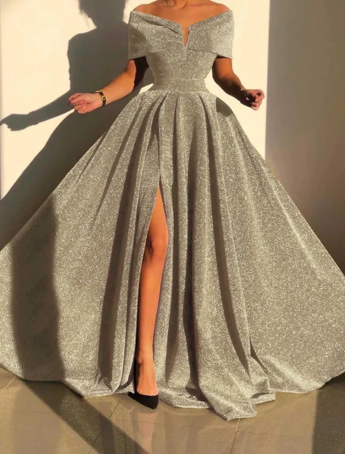 A-Line Evening Gown Sparkle & Shine Dress Formal Fall Court Train Sleeveless Off Shoulder Sequined with Sequin Slit
