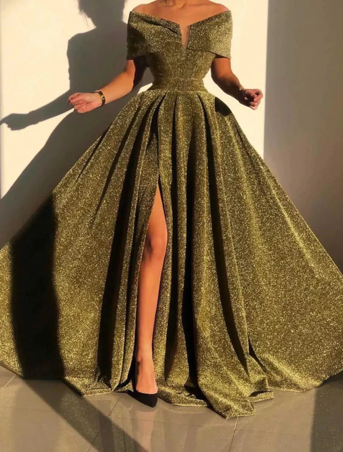 A-Line Evening Gown Sparkle & Shine Dress Formal Fall Court Train Sleeveless Off Shoulder Sequined with Sequin Slit