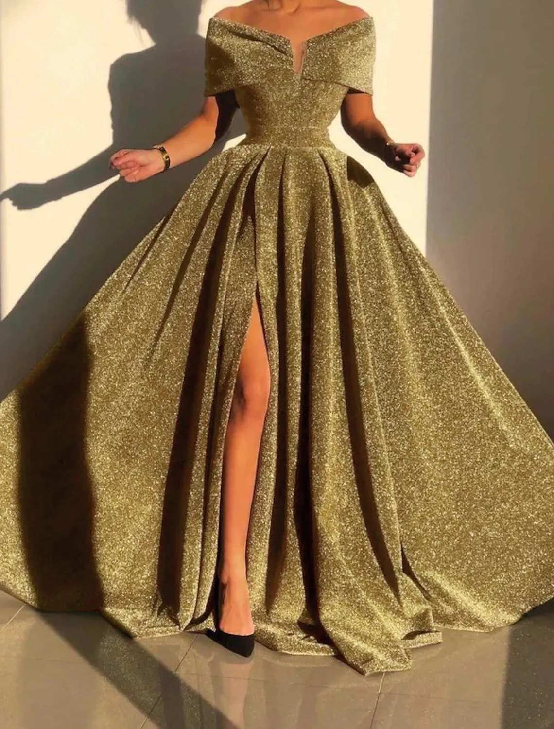 A-Line Evening Gown Sparkle & Shine Dress Formal Fall Court Train Sleeveless Off Shoulder Sequined with Sequin Slit