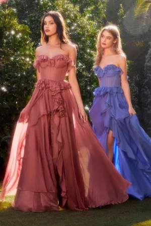 Andrea & Leo Couture A1341 Ruffle Chiffon Formal Dress Sheer Corset Maxi Slit Bridesmaid