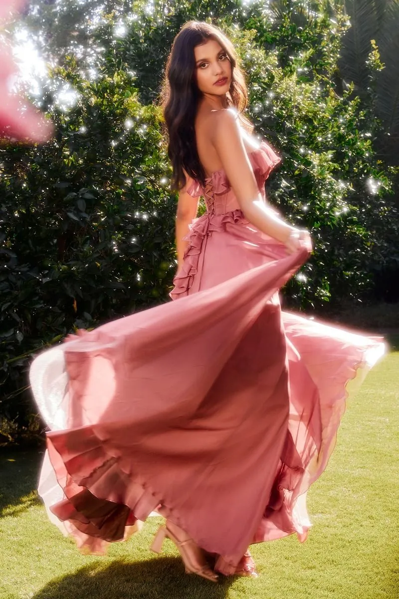 Andrea & Leo Couture A1341 Ruffle Chiffon Formal Dress Sheer Corset Maxi Slit Bridesmaid