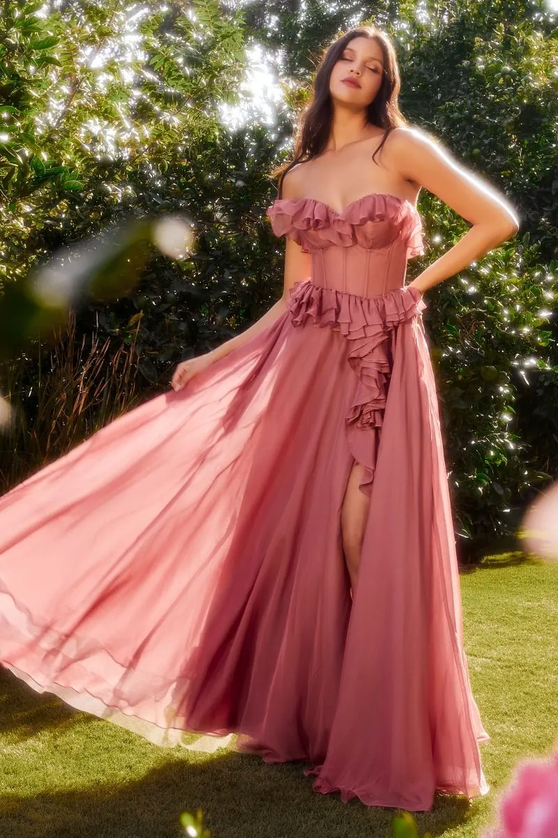 Andrea & Leo Couture A1341 Ruffle Chiffon Formal Dress Sheer Corset Maxi Slit Bridesmaid
