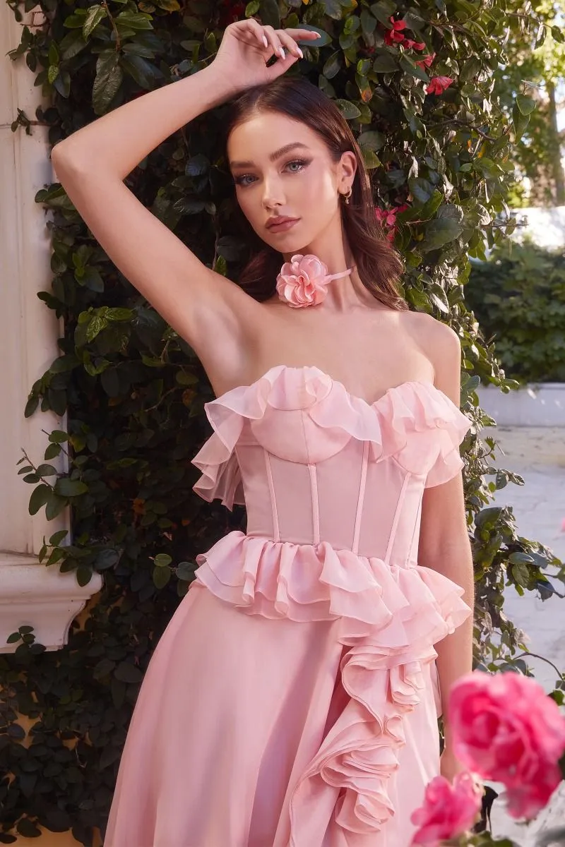 Andrea & Leo Couture A1341 Ruffle Chiffon Formal Dress Sheer Corset Maxi Slit Bridesmaid