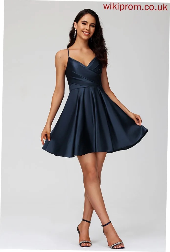 Avery With Dress A-Line Short/Mini Homecoming Dresses Homecoming Satin Pleated V-neck
