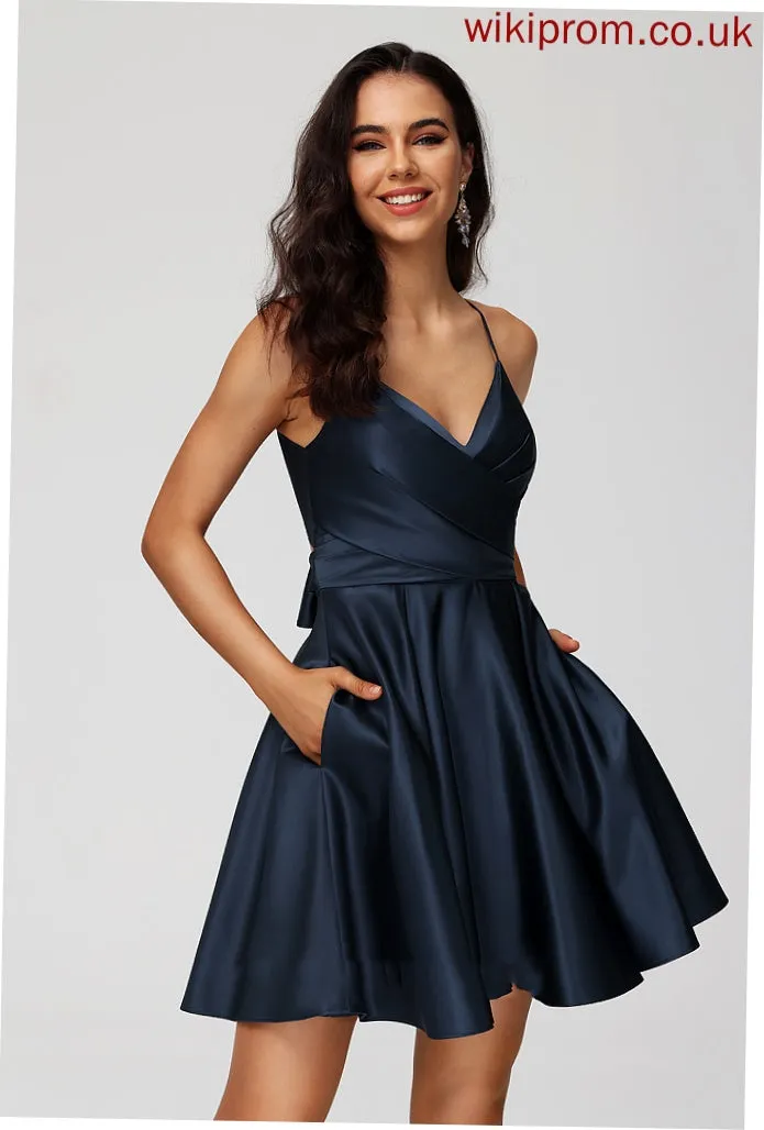 Avery With Dress A-Line Short/Mini Homecoming Dresses Homecoming Satin Pleated V-neck