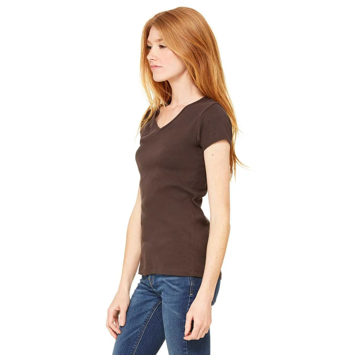 Bella   Canvas Women's Chocolate Stretch Rib Short-Sleeve V-Neck T-Shirt