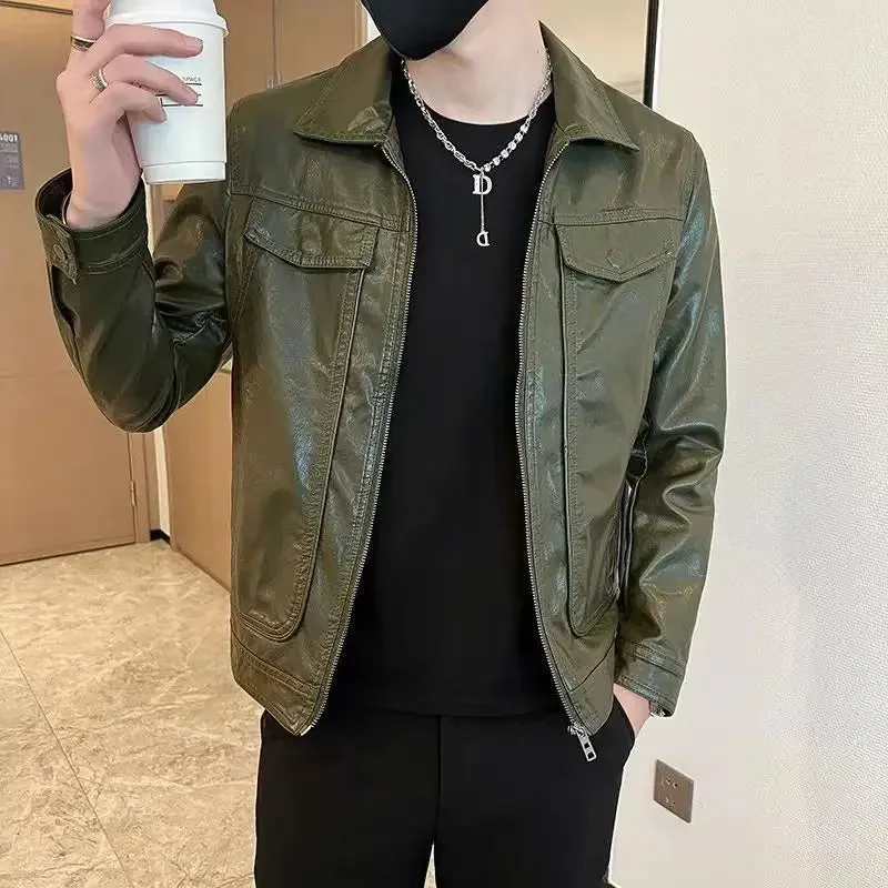 Bonsir Short Spring Autumn Man Suits and Blazers Cropped Leather Jacket for Men Simple Breasted Gentleman Trendy 2024 Original Coats