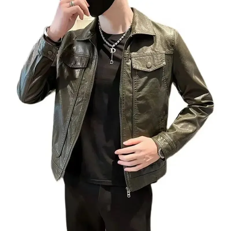 Bonsir Short Spring Autumn Man Suits and Blazers Cropped Leather Jacket for Men Simple Breasted Gentleman Trendy 2024 Original Coats