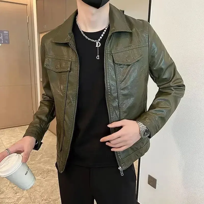 Bonsir Short Spring Autumn Man Suits and Blazers Cropped Leather Jacket for Men Simple Breasted Gentleman Trendy 2024 Original Coats