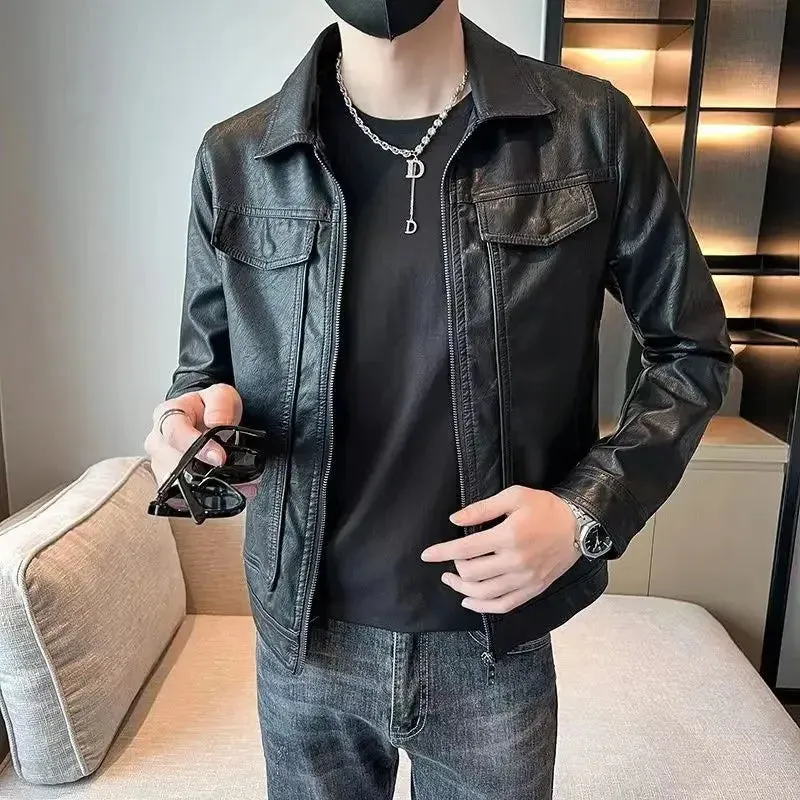 Bonsir Short Spring Autumn Man Suits and Blazers Cropped Leather Jacket for Men Simple Breasted Gentleman Trendy 2024 Original Coats