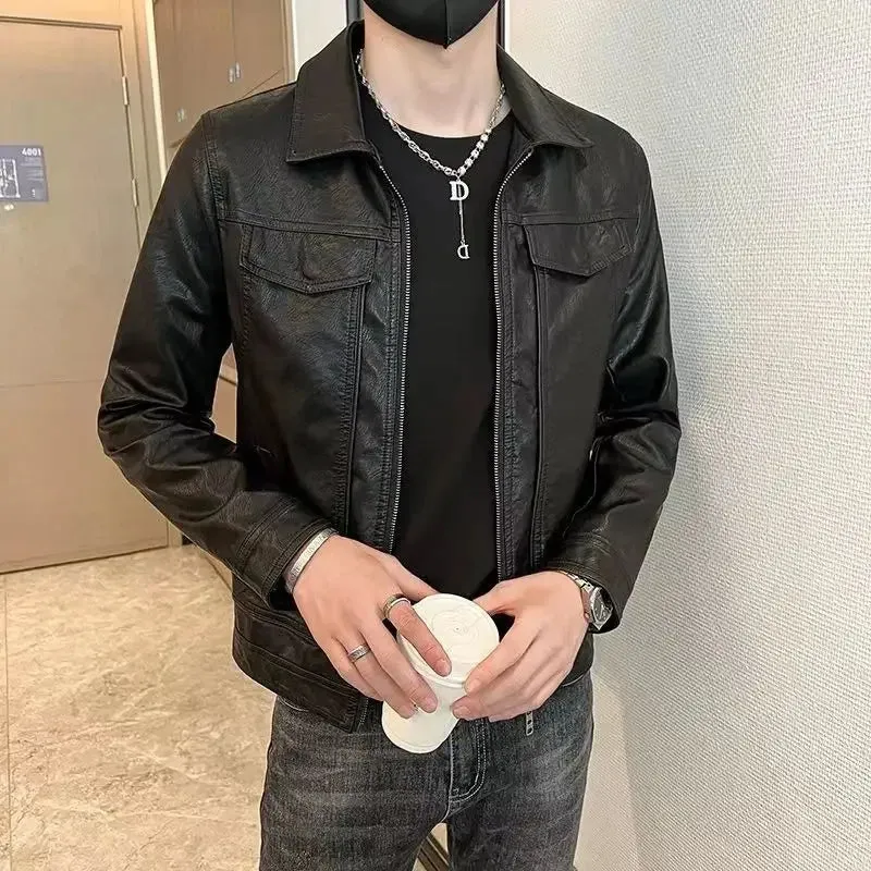Bonsir Short Spring Autumn Man Suits and Blazers Cropped Leather Jacket for Men Simple Breasted Gentleman Trendy 2024 Original Coats