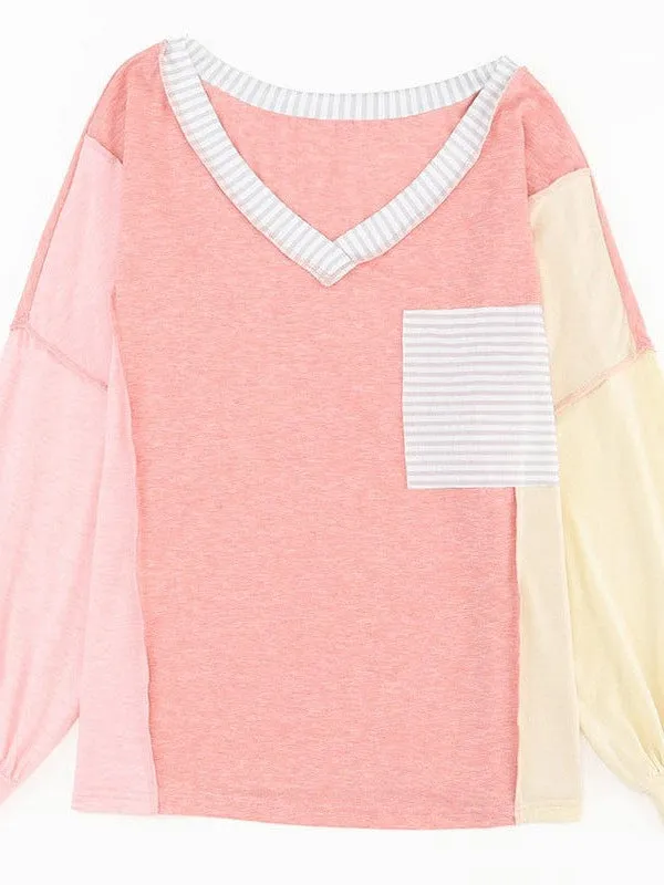 Casual Loose Fit Long Sleeve T-Shirt With Striped Contrast Details
