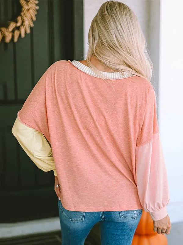 Casual Loose Fit Long Sleeve T-Shirt With Striped Contrast Details