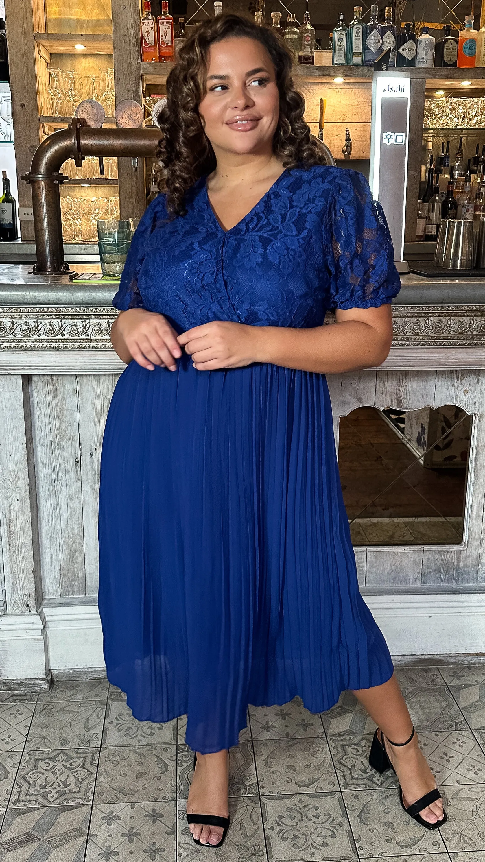 CurveWow V-Neck Lace Top Pleat Dress Navy