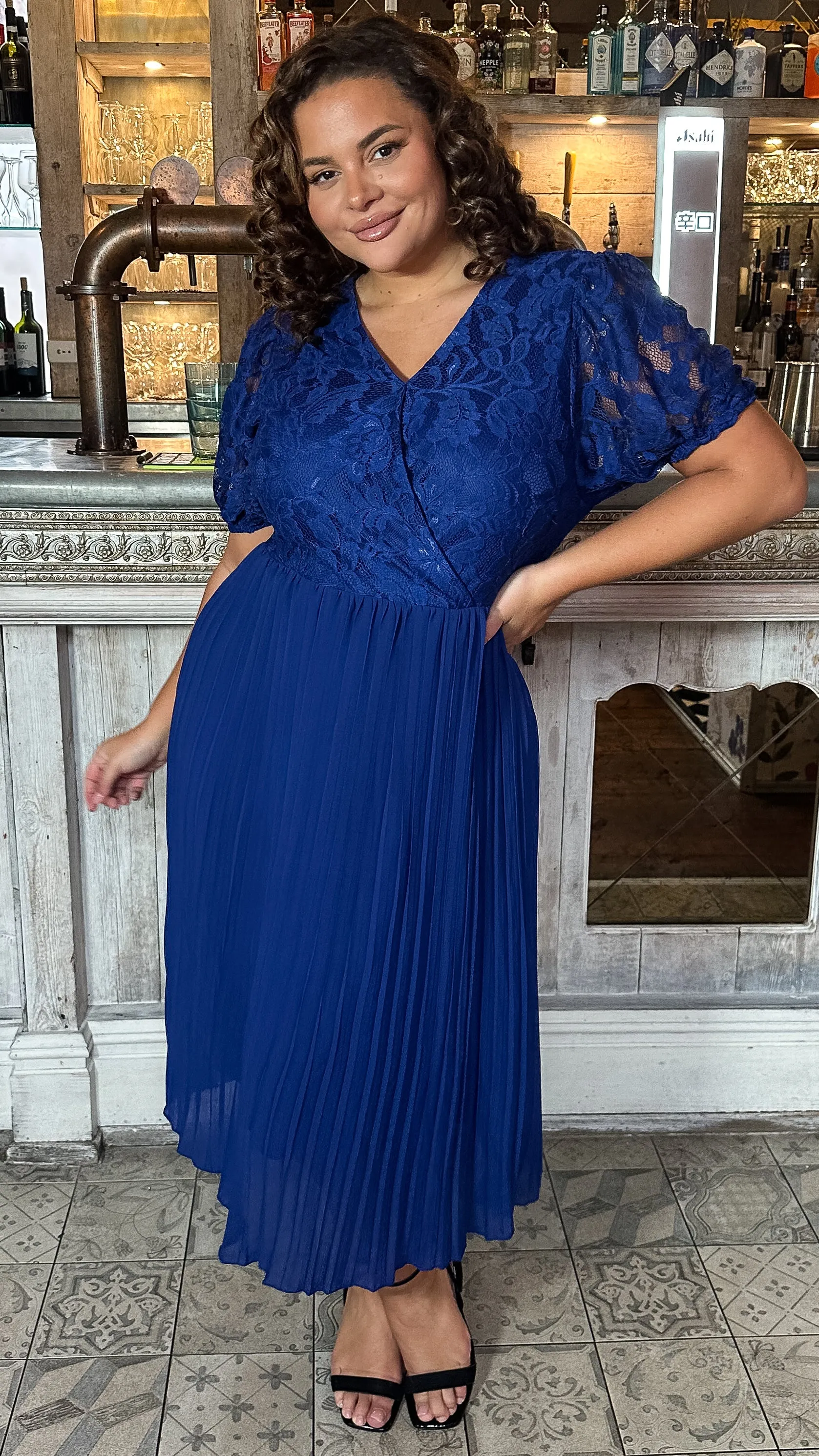 CurveWow V-Neck Lace Top Pleat Dress Navy