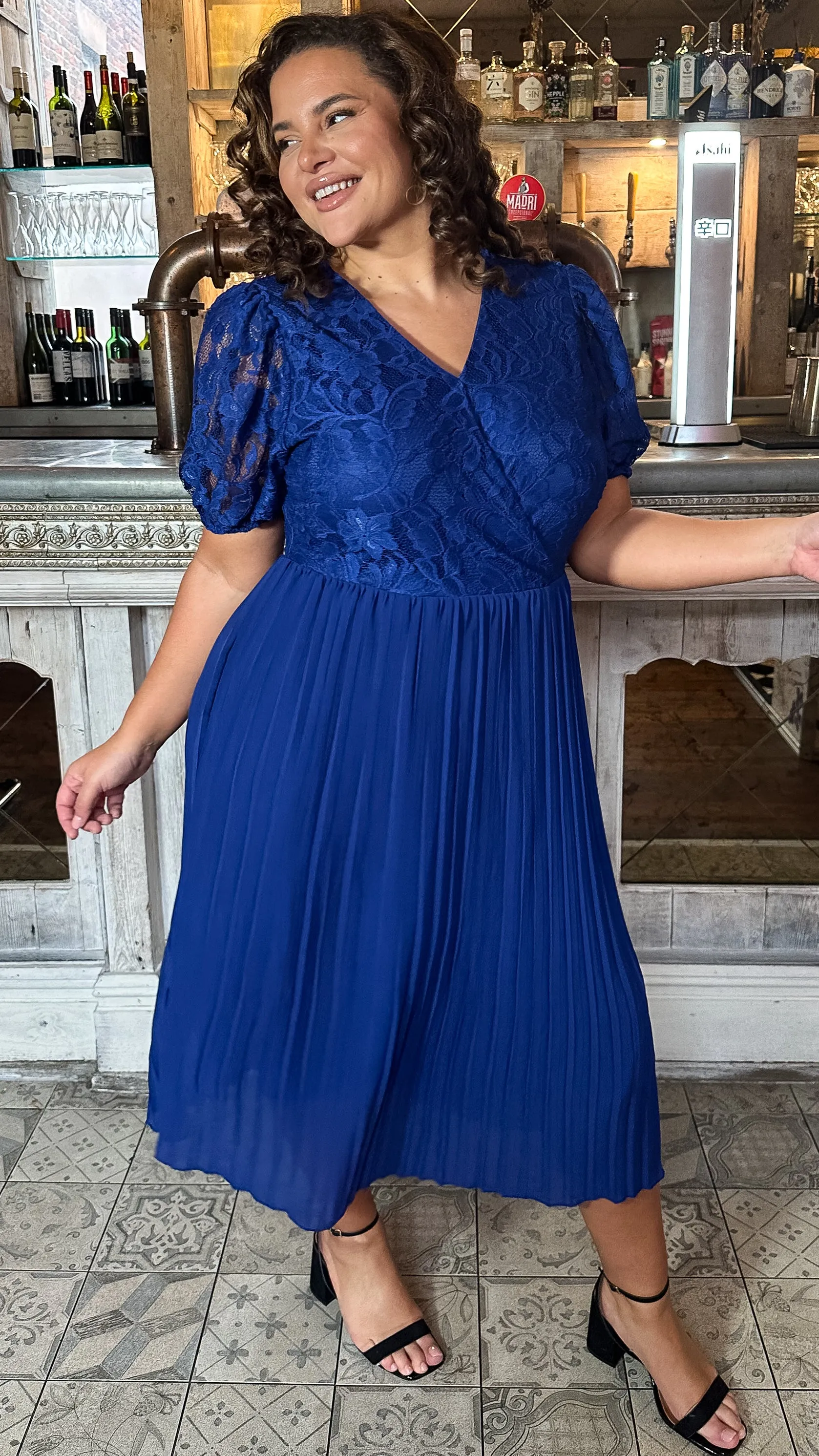 CurveWow V-Neck Lace Top Pleat Dress Navy