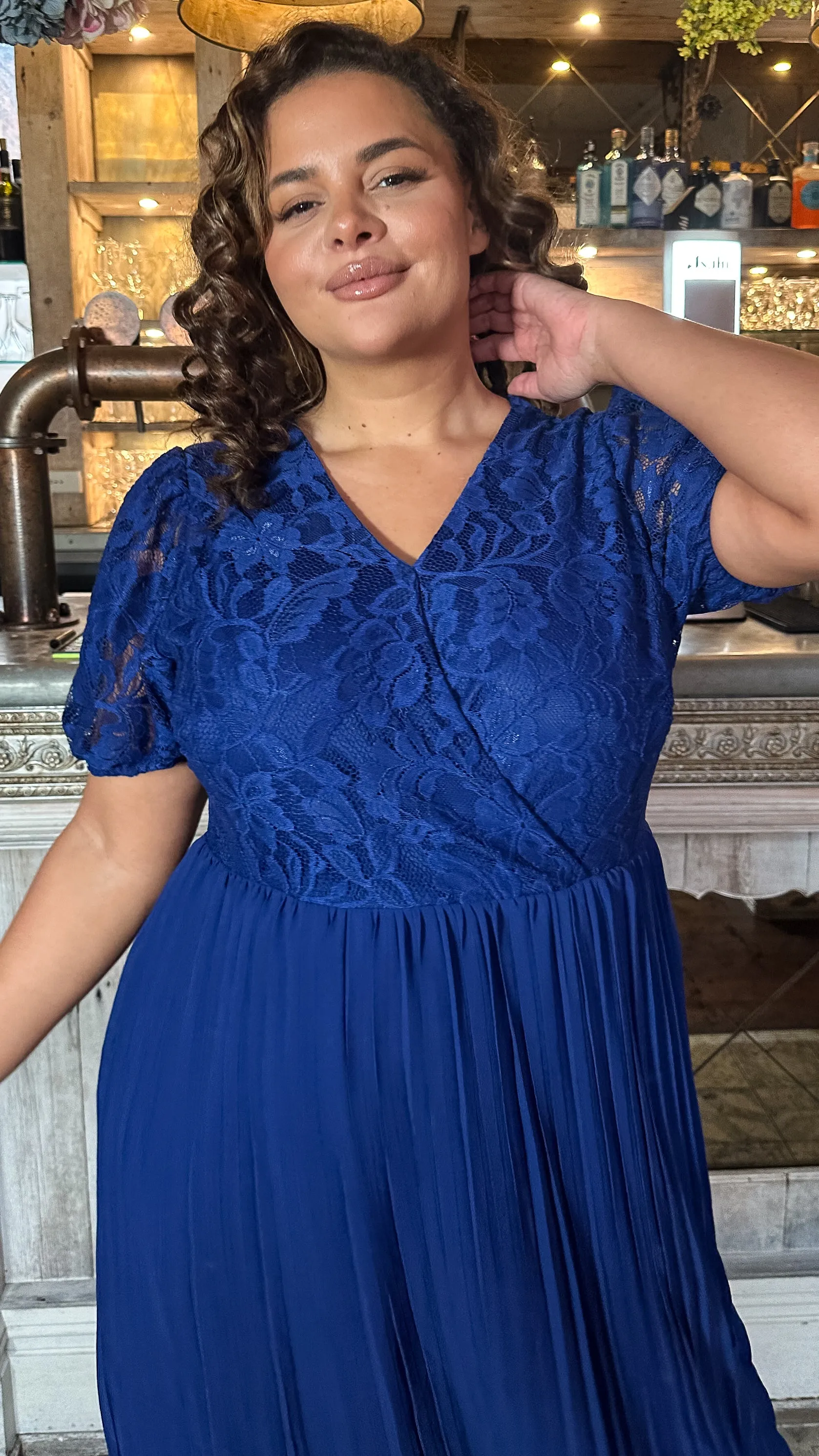 CurveWow V-Neck Lace Top Pleat Dress Navy