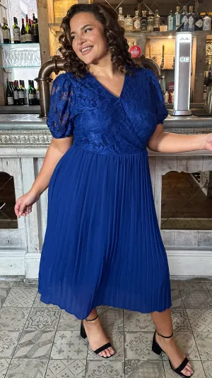 CurveWow V-Neck Lace Top Pleat Dress Navy