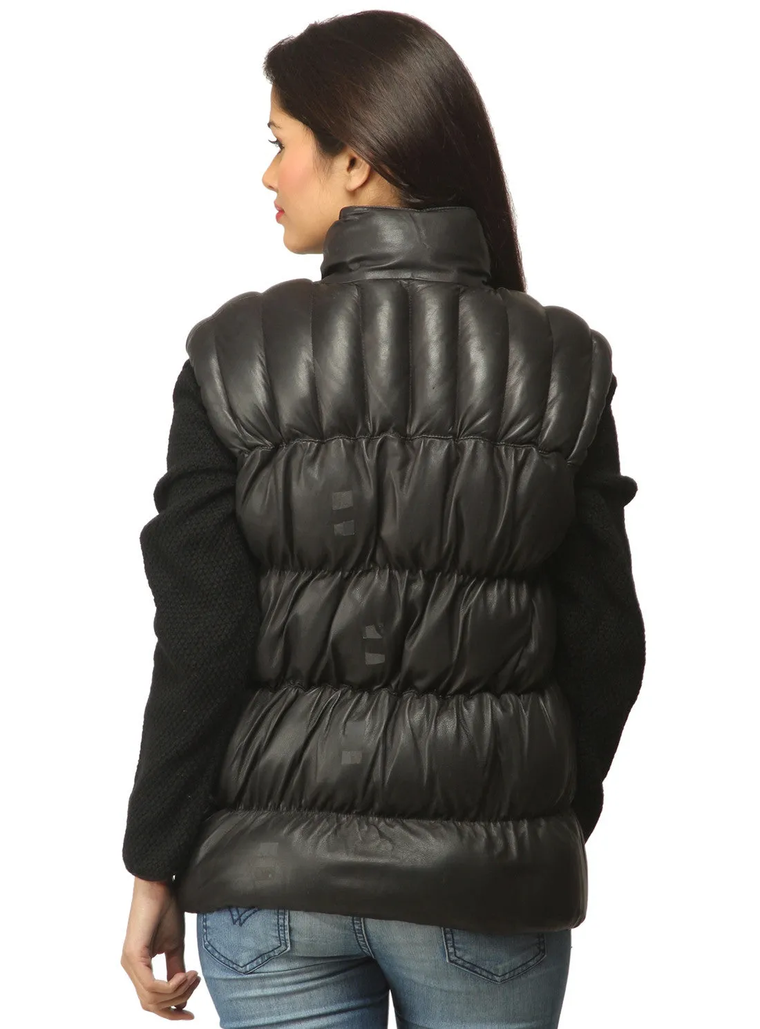 Designer Women Leather Puffer Down Jacket without Sleeve