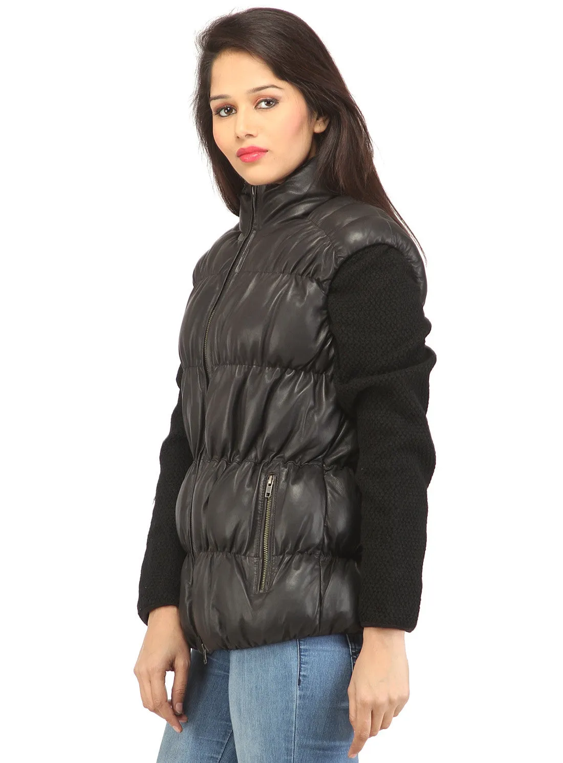 Designer Women Leather Puffer Down Jacket without Sleeve
