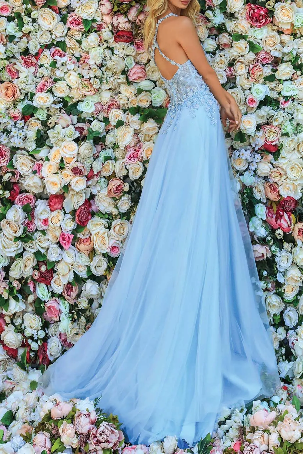 Elegant Floral Lace Split front V neck Tulle Prom Dress