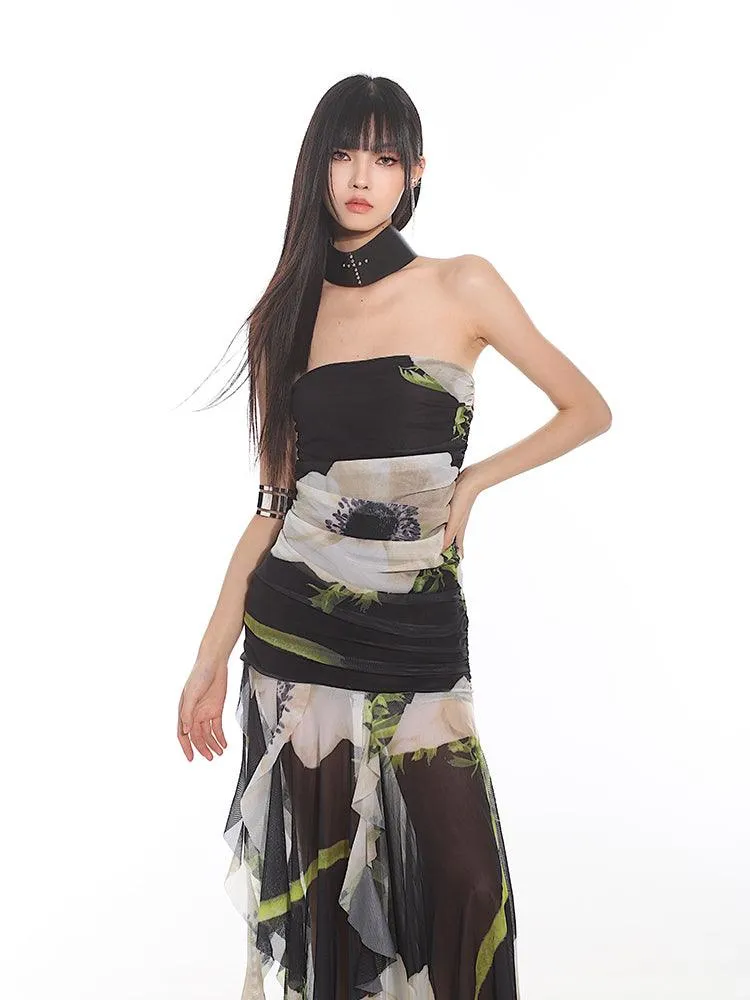 Elegant Floral Mesh Tube Top Dress