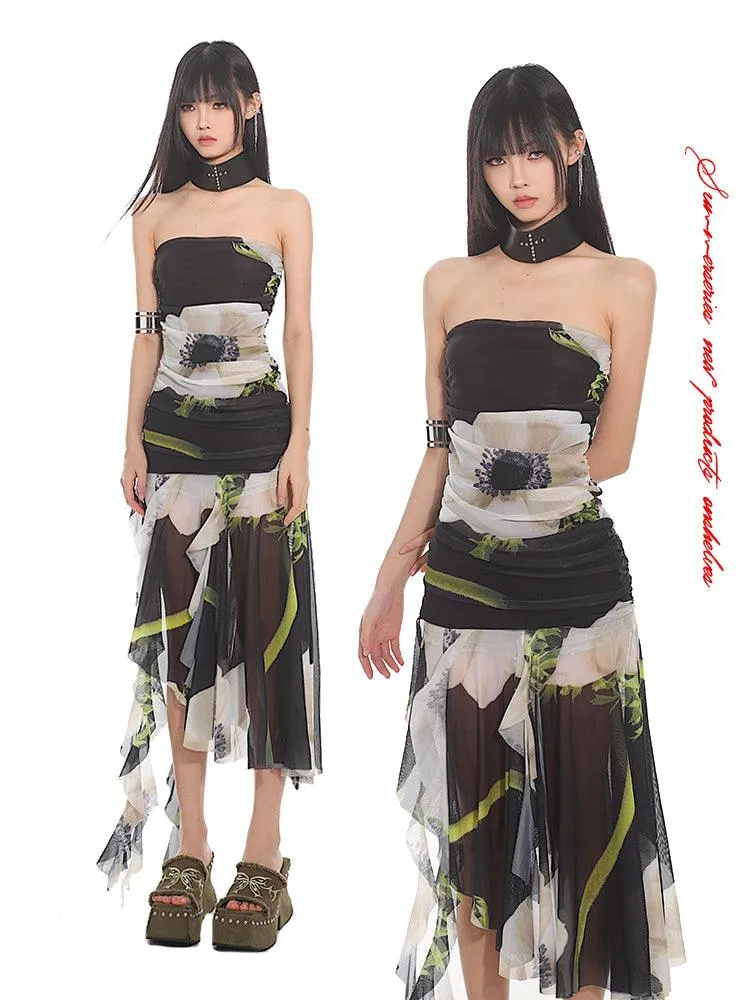 Elegant Floral Mesh Tube Top Dress