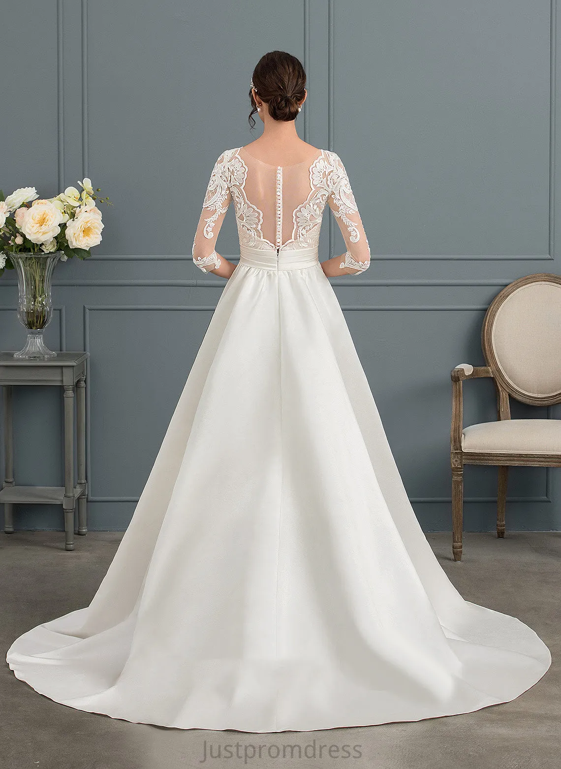 Elise Court Ball-Gown/Princess Wedding Dresses Scoop Lace Satin Train Wedding Ruffle Neck Dress With