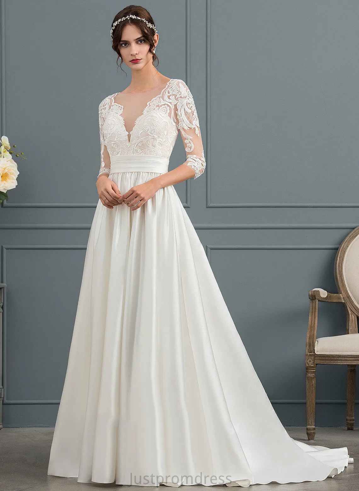 Elise Court Ball-Gown/Princess Wedding Dresses Scoop Lace Satin Train Wedding Ruffle Neck Dress With