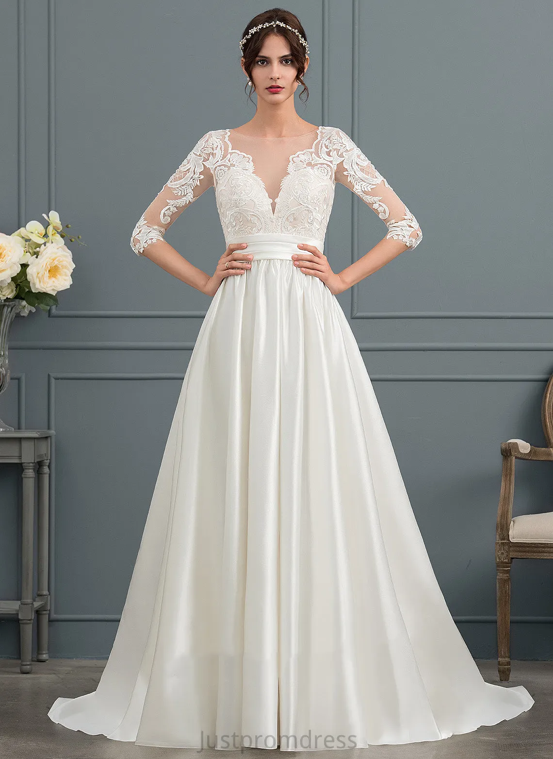 Elise Court Ball-Gown/Princess Wedding Dresses Scoop Lace Satin Train Wedding Ruffle Neck Dress With