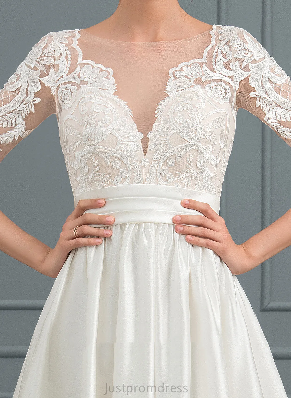 Elise Court Ball-Gown/Princess Wedding Dresses Scoop Lace Satin Train Wedding Ruffle Neck Dress With