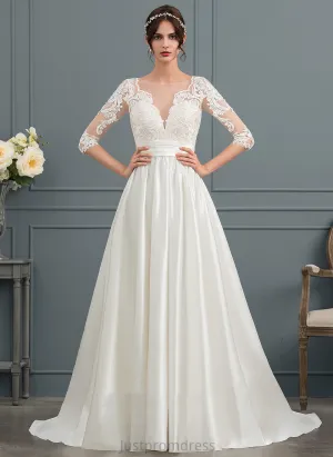 Elise Court Ball-Gown/Princess Wedding Dresses Scoop Lace Satin Train Wedding Ruffle Neck Dress With