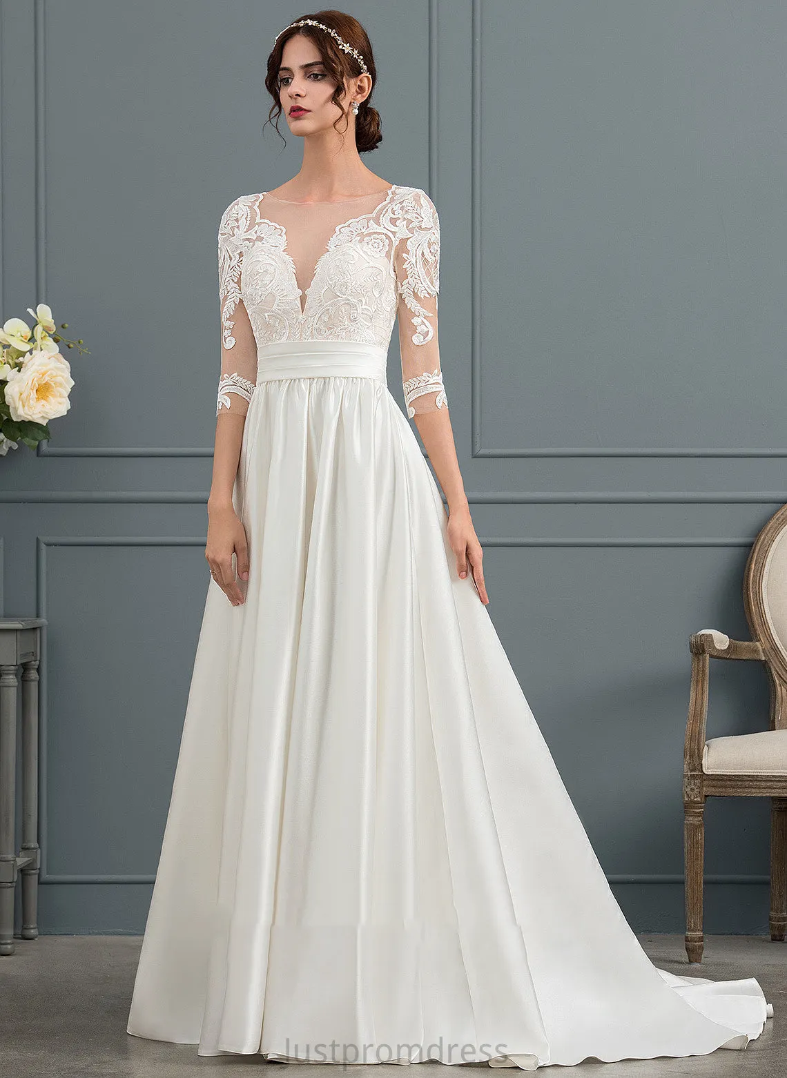 Elise Court Ball-Gown/Princess Wedding Dresses Scoop Lace Satin Train Wedding Ruffle Neck Dress With