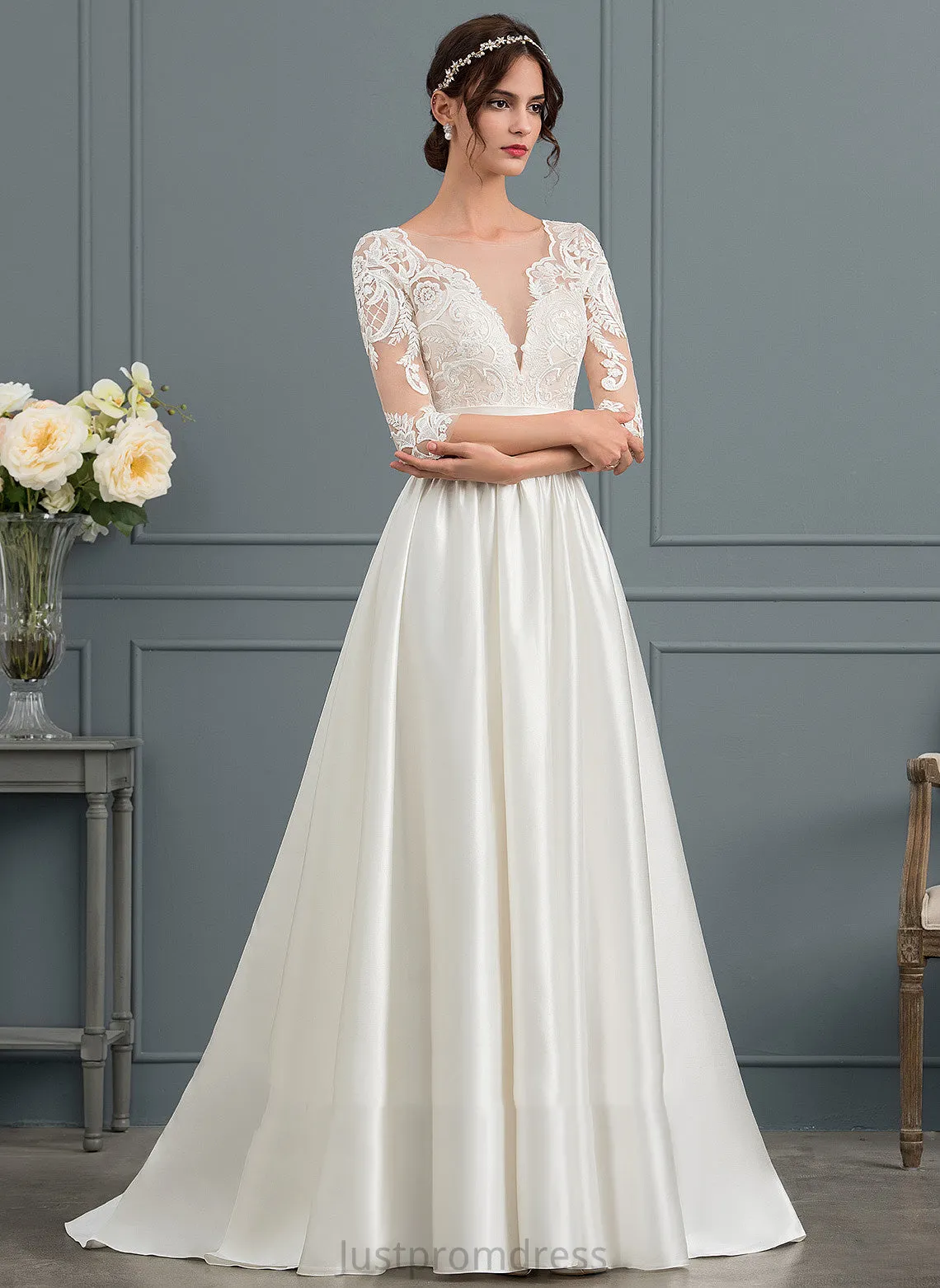 Elise Court Ball-Gown/Princess Wedding Dresses Scoop Lace Satin Train Wedding Ruffle Neck Dress With