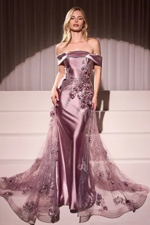 EMBELLISHED SATIN FITTED GOWN WITH TULLE OVERSKIRT CDJ876