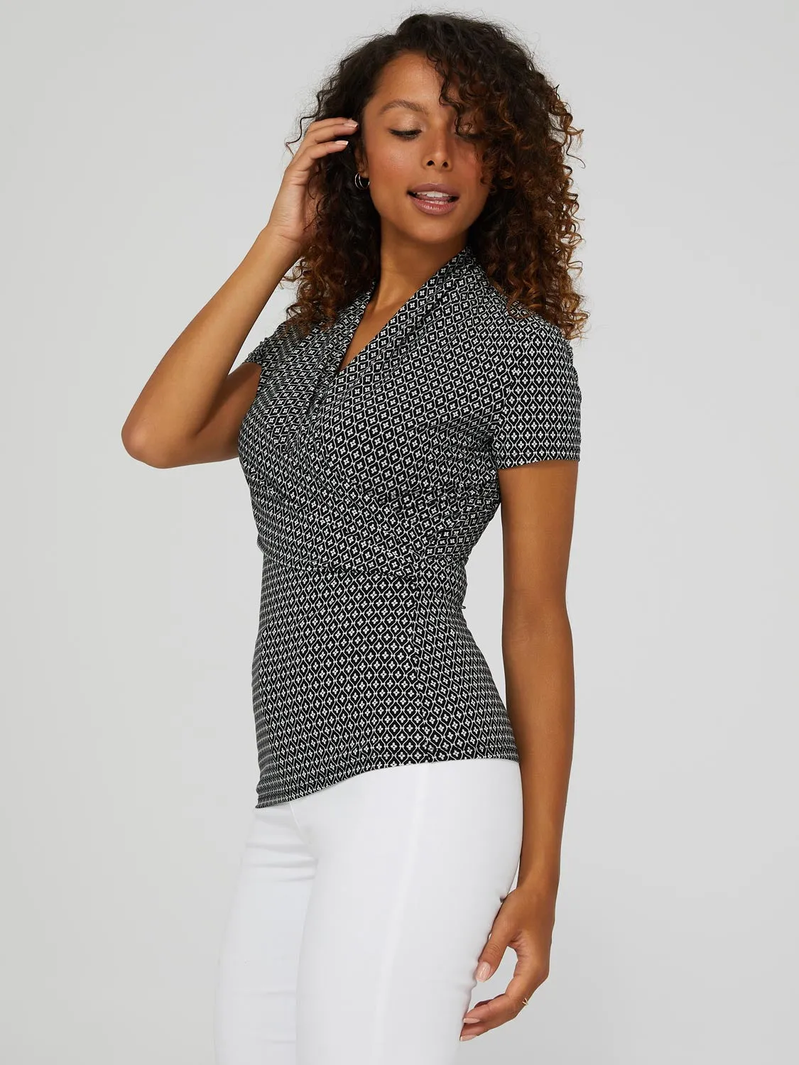 Geo Print Short Sleeve Crossover Front Top