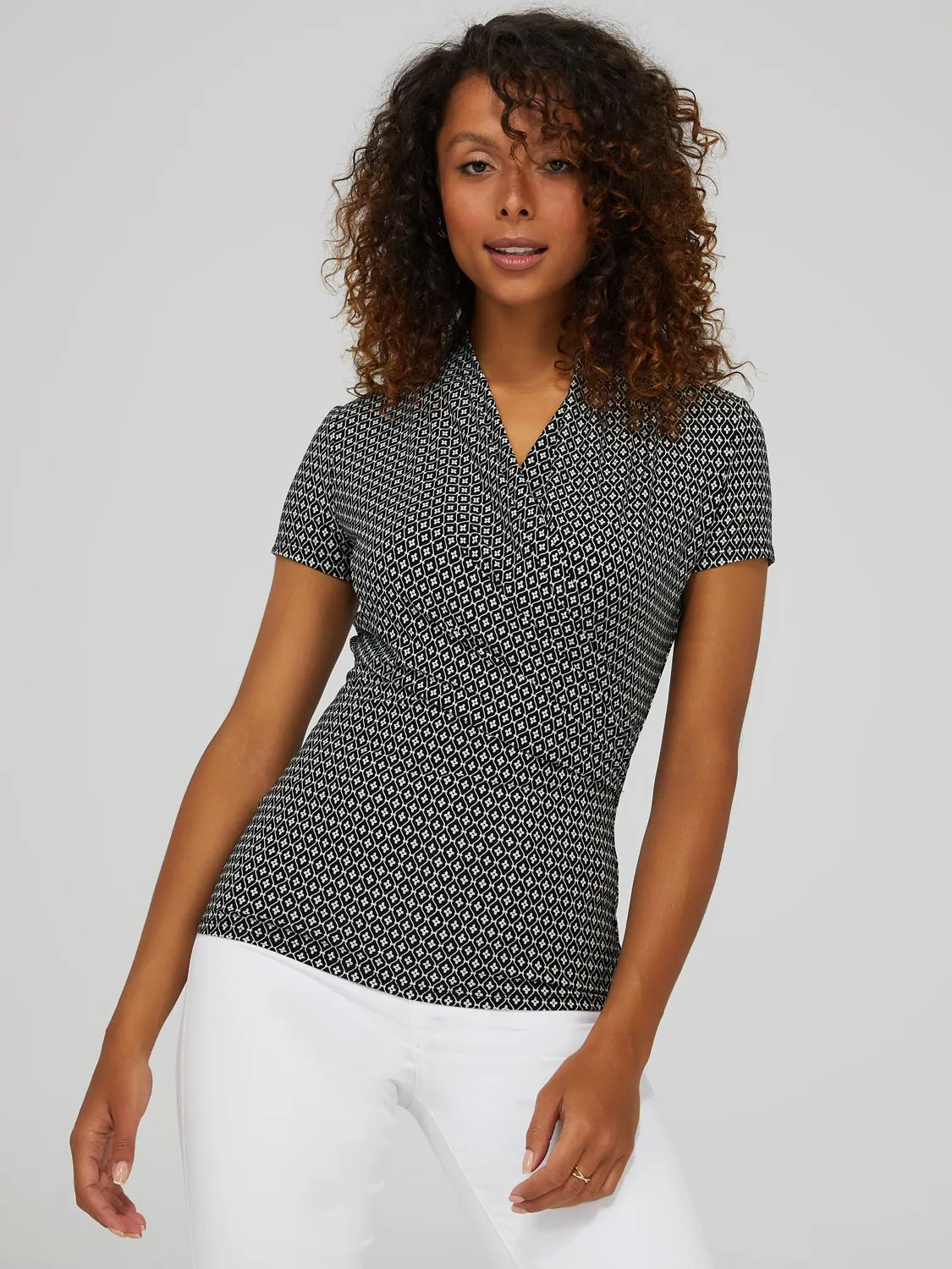 Geo Print Short Sleeve Crossover Front Top