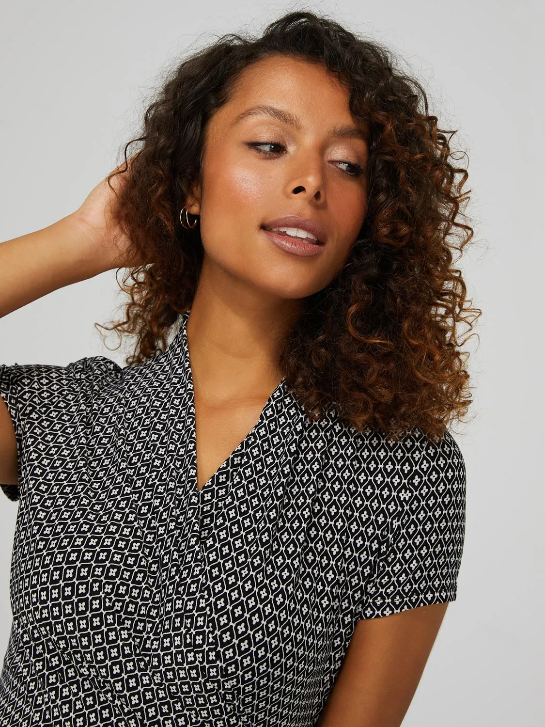 Geo Print Short Sleeve Crossover Front Top