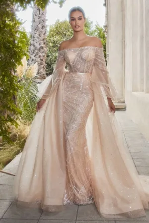 GLASS BEAD FLARED SLEEVE GOWN WITH DETACHABLE SKIRT CDA1175