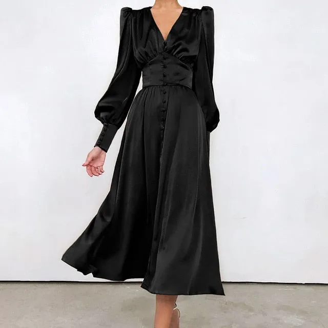 High Waist Satin Long Elegant V Neck Women Dress Lantern Sleeve
