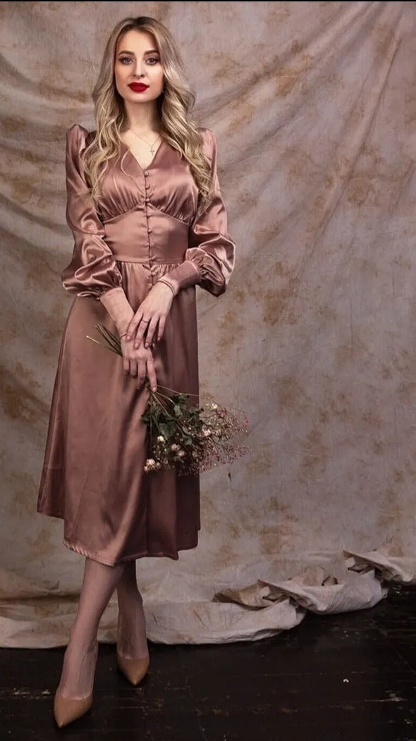 High Waist Satin Long Elegant V Neck Women Dress Lantern Sleeve