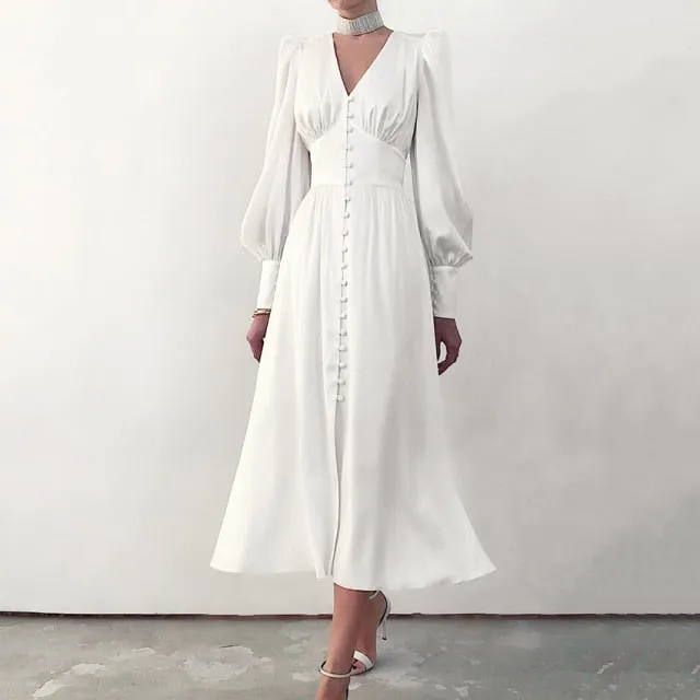 High Waist Satin Long Elegant V Neck Women Dress Lantern Sleeve