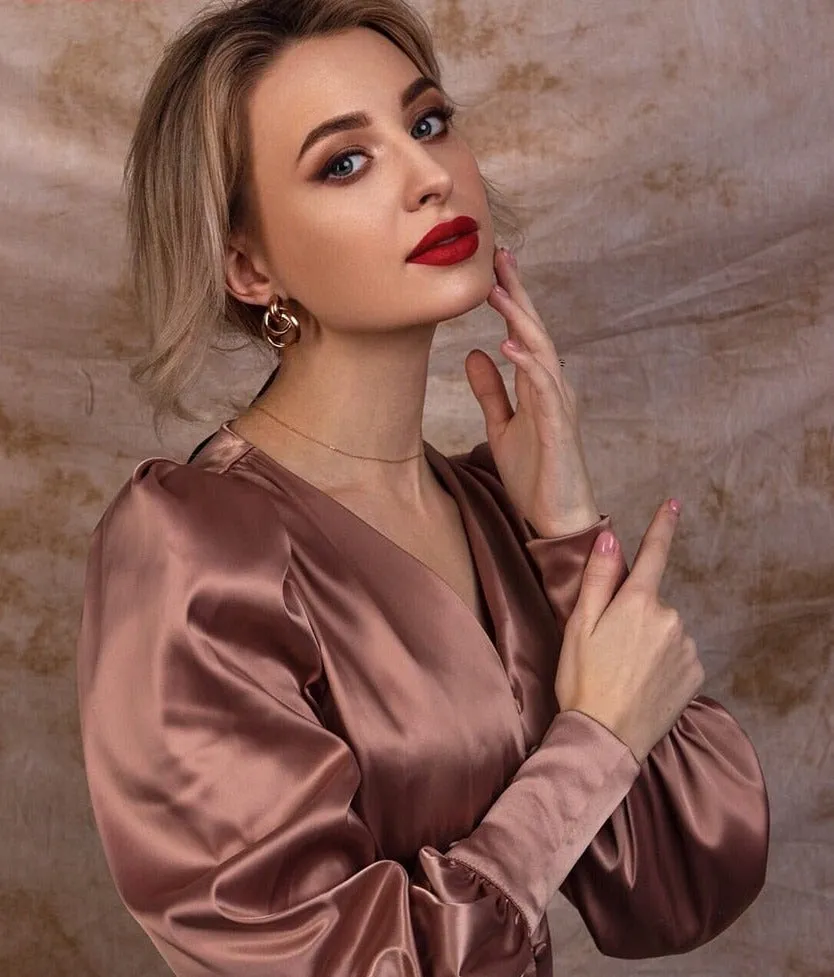 High Waist Satin Long Elegant V Neck Women Dress Lantern Sleeve