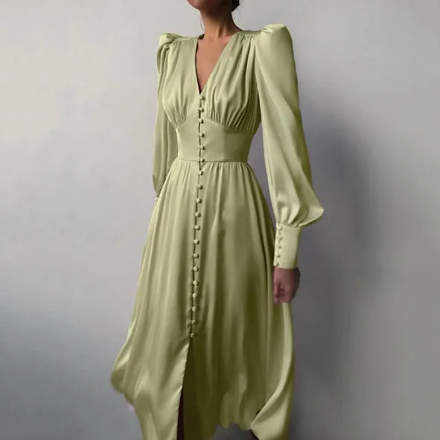 High Waist Satin Long Elegant V Neck Women Dress Lantern Sleeve
