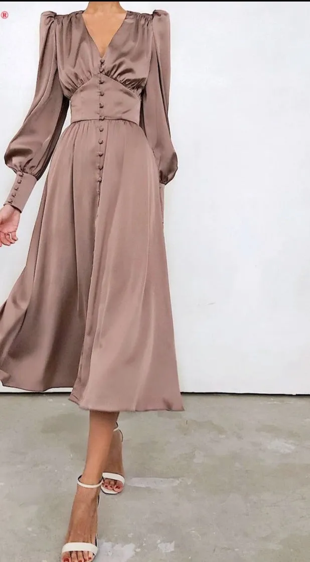 High Waist Satin Long Elegant V Neck Women Dress Lantern Sleeve