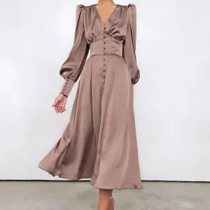 High Waist Satin Long Elegant V Neck Women Dress Lantern Sleeve